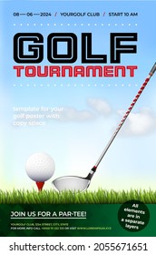 Golf tournament poster template with golf club, ball, grass, cloudy blue sky and copy space for your text - vector illustration