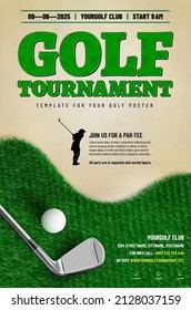 Golf tournament poster template with club, ball, grass texture and copy space for your text - vector illustration - Shutterstock ID 2128037159