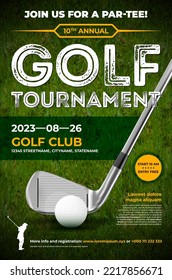 Golf tournament poster template with golf club, grass and copy space for your text - vector illustration