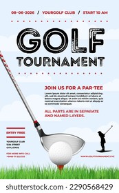 Golf tournament poster template with golf club, ball, grass, cloudy blue sky and copy space for your text - vector illustration