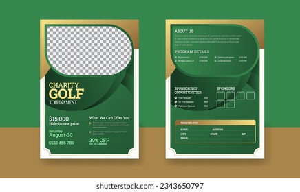 Golf tournament poster template with golf club and ball, golf game flyer and magazine cover