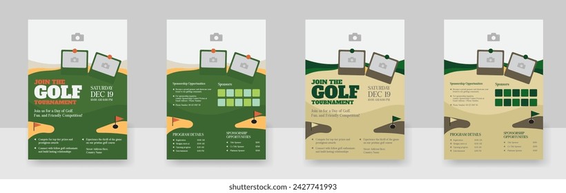 Plantilla de póster de torneo de golf con un club de golf y una pelota, volante de juego de golf y vector de portada de revista Diseño