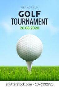 Golf tournament poster template flyer. Golf ball on green grass for competition. Sport club vector design.