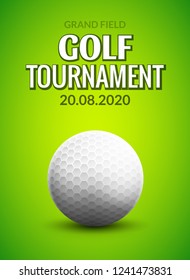 Golf tournament poster template flyer. Golf ball on green grass for competition. Sport club vector design.