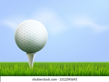 Golf tournament poster template flyer. Golf ball on green grass for competition. Sport club vector design.