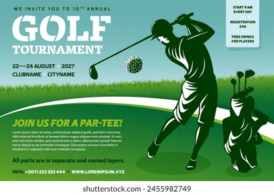 Golf tournament poster template with grass, sky, player silhouette batting ball, bag with clubs and copy space for your text - vector illustration