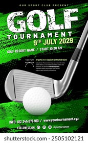 Golf tournament poster template with metal club, ball and grungy dirty halftone background - vector illustration