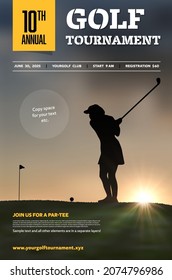 Golf tournament poster template with player batting ball at sunset. Sample text in separate layer. Vector illustration.