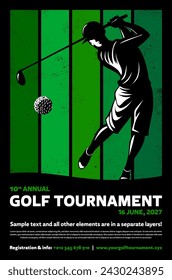 Golf tournament poster template with player silhouette batting ball and copy space for your text - vector illustration