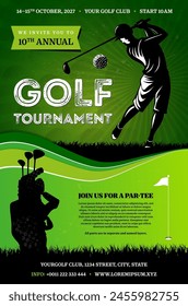 Golf tournament poster template with player silhouette batting ball, bag with clubs and copy space for your text - vector illustration