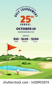  Golf Tournament, Poster, Ticket Or Banner Design Template. Vector Cartoon Illustration Of Golf Course With Green, Water And Sand Bunker. Summer Landscape Background With Copy Space.