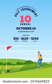 Golf tournament, poster, ticket or banner design template. Sports man playing golf, vector flat cartoon illustration. Green golf course, summer landscape background with copy space