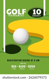 Golf tournament, poster, ticket or banner design template. Vector 3d isometric flat illustration. Green golf course, ball, hole. Minimalistic green landscape background with copy space