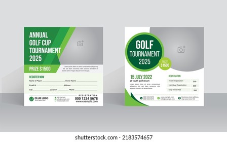 Plantilla de torneo de golf en medios sociales con afiche de evento deportivo y diseño anual de portada de folletos
