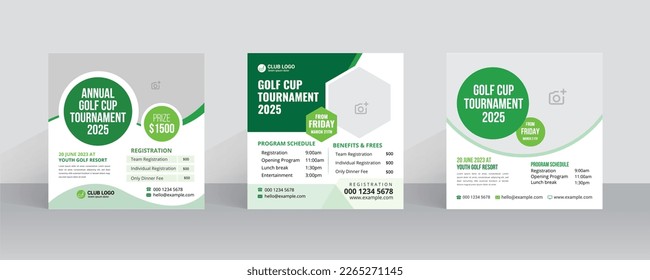 Golf tournament social media template with sports event poster and annual brochure cover design