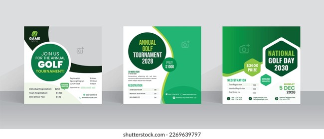 Plantilla de torneo de golf en medios sociales con afiche de evento deportivo y diseño anual de portada de folletos