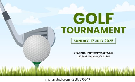 Golf Tournament or Team Competition Event Invitation Banner Design with Golf Ball and Stick on Green Putter Field Background