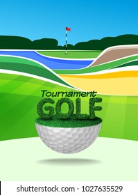 Golf tournament ticket or flyer brochure template. Golf course background mockup vector illustration