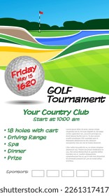 Golf tournament ticket or flyer brochure template. Golf course background mockup colorful vector illustration