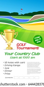 Golf tournament ticket or flyer brochure template. Golf course background mockup vector illustration
