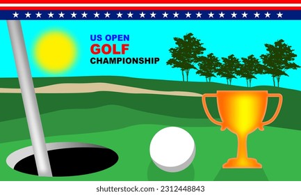 a golf tournament trophy with balls and golf holes on a sunny weather course and bold text commemorating the US Open Golf Championship
