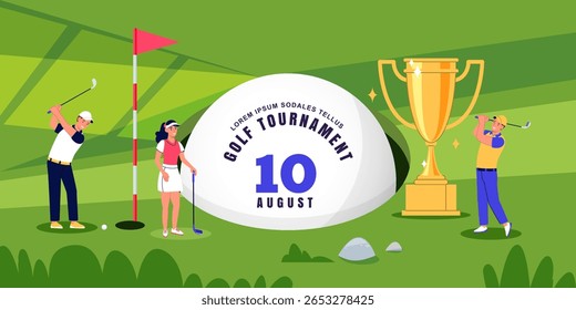 Ilustração do vetor do torneio de golfe. Pessoas jogando golfe no campo verde, bola no buraco e troféu de ouro. Elementos de design para banner esportivo, cartaz com tema de hobby, promoções de panfletos do clube