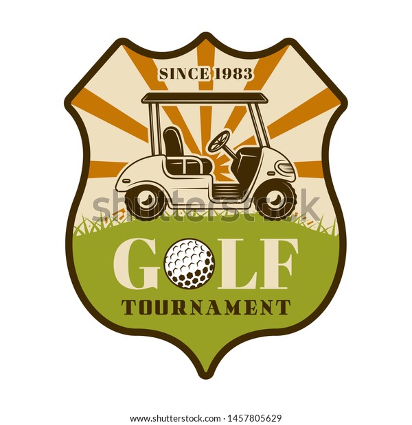 Golf tournament vector shield emblem, badge,\
label or logo with car. Vintage colored illustration isolated on\
white background