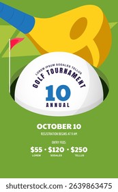 Golf tournament vector template. Flat design with green course, club, ball, and hole. Perfect for banner, poster, ticket, or flyer. Summer sports event background with space for text