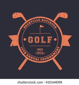 Golf Tournament Vintage Round Badge, Sign With Crossed Golf Clubs, Vector Illustration