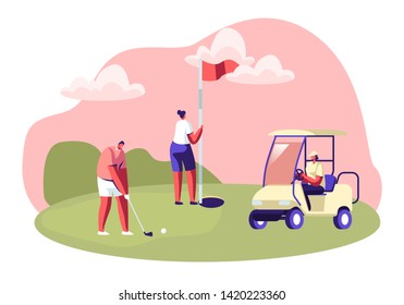 Torneo de golf, Jóvenes Jugando a Juegos Deportivos en Campo con Green Grass, Flagstick, Hole, Carro y Equipo Profesional, Tiempo de Repuesto de Verano, Recreación de Lujo, Ilustración de Vector Plano de Caricatura