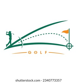 Golf training club logo with angles, aim sight, horizon techniques and flag. A Golfer taking a shot. Putting training and practice. Symbol of elite sports in high quality vector.