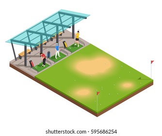 Golf training isometric composition with instructor and players swinging putter under canopy vector illustration