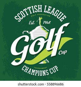 Golf Trophy And Golfer With Club On Top. Cup For Man Or Senior Major Tournament With Player For Sport Gear Emblem Or Wear, T-shirt Print. Clothing Logo, Branding, Advertising, Scottish Federation Sign