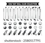 Golf vector clip art Isolated set, Golf hockey bat stick and ball, bag club big collection, Golf Outline silhouette vector set