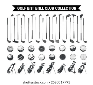 Golf vector clip art Isolated set, Golf hockey bat stick and ball, bag club big collection, Golf Outline silhouette vector set