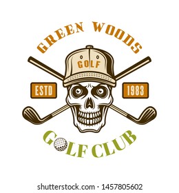 Golf vector emblem with skull in hat, vintage colored illustration isolated on white background
