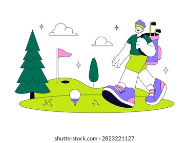 Golf Vector Illustration Featuring Golf Players Swinging Clubs on a Scenic Course with Putting Practice, Fairway Action, and Outdoor Sports Recreation