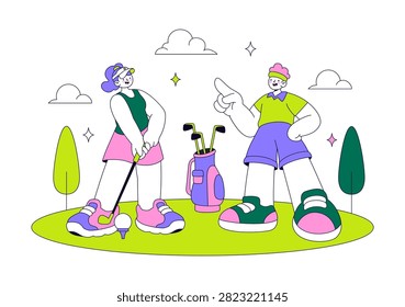 Golf Vector Illustration Featuring Golf Players Swinging Clubs on a Scenic Course with Putting Practice, Fairway Action, and Outdoor Sports Recreation