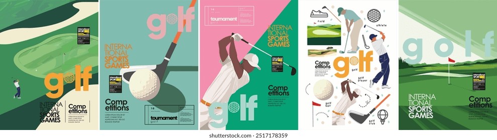 Golf. Vector modern illustration of golf game, golfer, ball with club and hole, golf course for poster, flyer, invitation, ticket or background