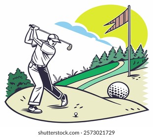 Golf. Vector modern illustration of golf game, golfer, ball with club and hole, golf course for poster, flyer, invitation, ticket or background