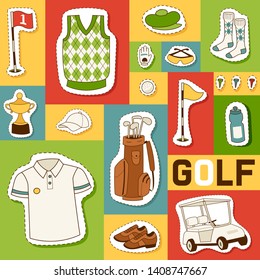 Golf vector seamless pattern golfers sportswear and golf ball for playing in golf club backdrop illustration set of sportsman golfing clothes background.