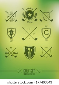 Golf. Vector Set Golfing Champion Labels and Icons on a grassy green background