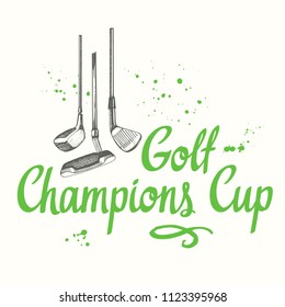 Golf. Vector set of hand-drawn sports equipment. Illustration in sketch style on white background. Brush calligraphy elements for your design. Handwritten ink lettering.