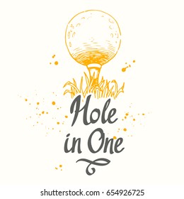 Golf. Vector set of hand-drawn sports equipment. Illustration in sketch style on white background. Brush calligraphy elements for your design. Handwritten ink lettering. Hole in one.