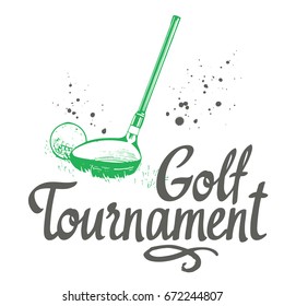 Golf. Vector set of hand-drawn sports equipment. Illustration in sketch style on white background. Brush calligraphy elements for your design. Handwritten ink lettering. Tournament.