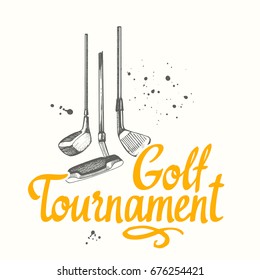 Golf. Vector set of hand-drawn sports equipment. Illustration in sketch style on white background. Brush calligraphy elements for your design. Handwritten ink lettering.