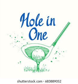 Golf. Vector set of hand-drawn sports equipment. Illustration in sketch style on white background. Brush calligraphy elements for your design. Handwritten ink lettering. Hole in one.