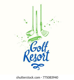 Golf. Vector set of hand-drawn sports equipment. Illustration in sketch style on white background. Brush calligraphy elements for your design. Handwritten ink lettering.