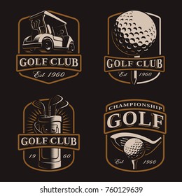 Conjunto vectorial de golf con logos vintage, bages, emblemas sobre fondo oscuro. El texto está en la capa independiente.