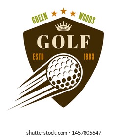 Golf vector shield emblem, badge, label or logo with flying ball. Vintage colored illustration isolated on white background